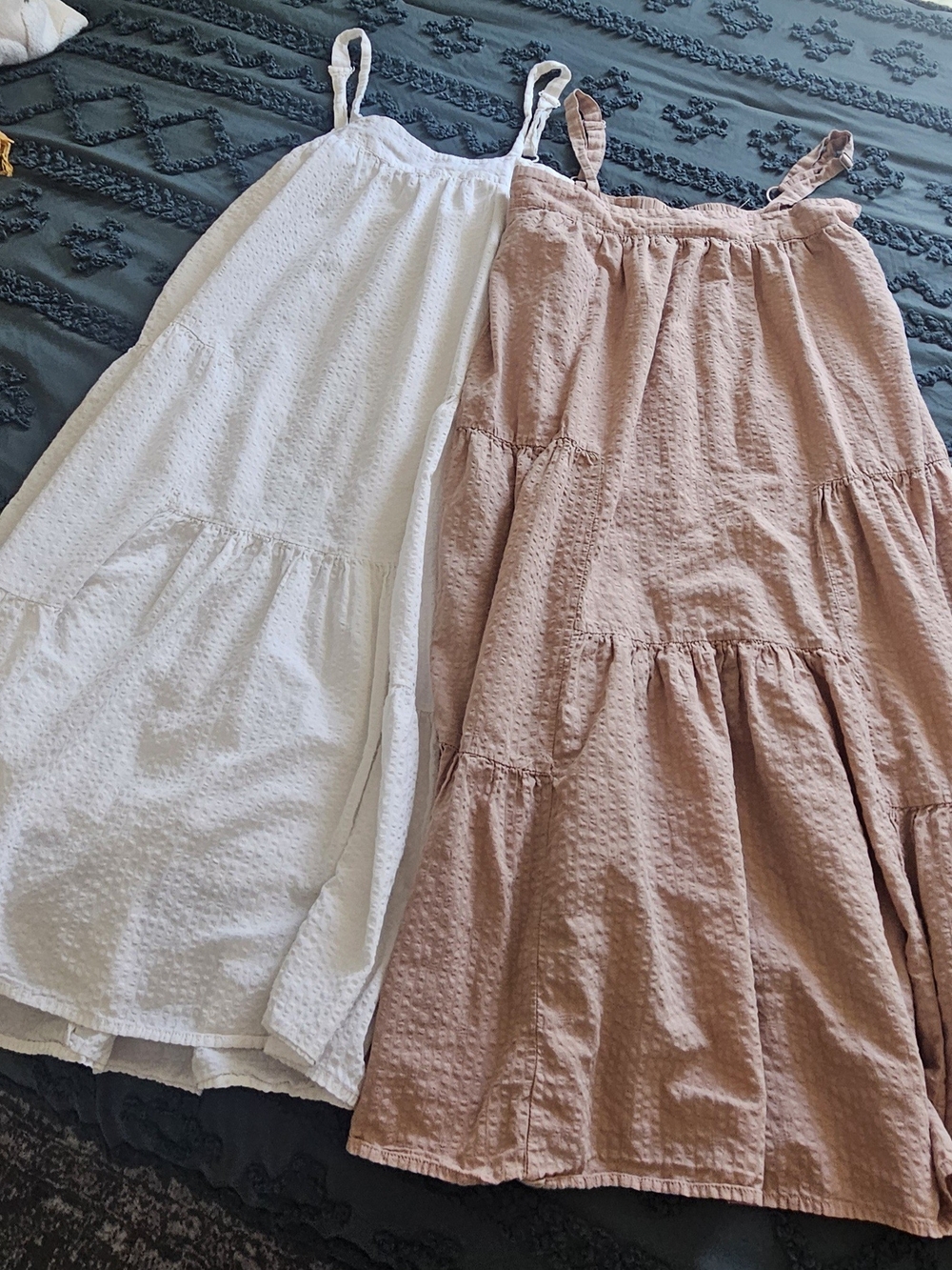 Two Carly Jean Los Angeles Tiered Midi Dresses in White and Tan